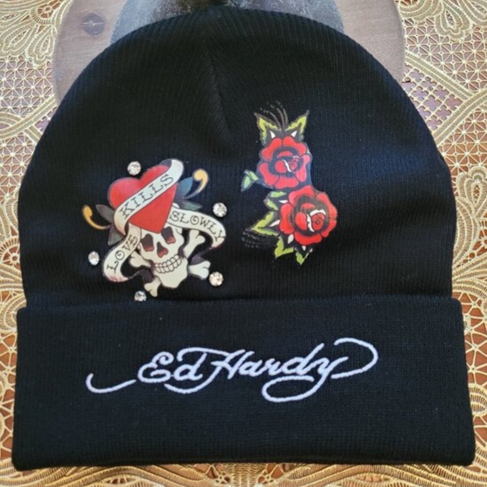 Ed Hardy Love Kills Slowly Black Knit Hat NWOT